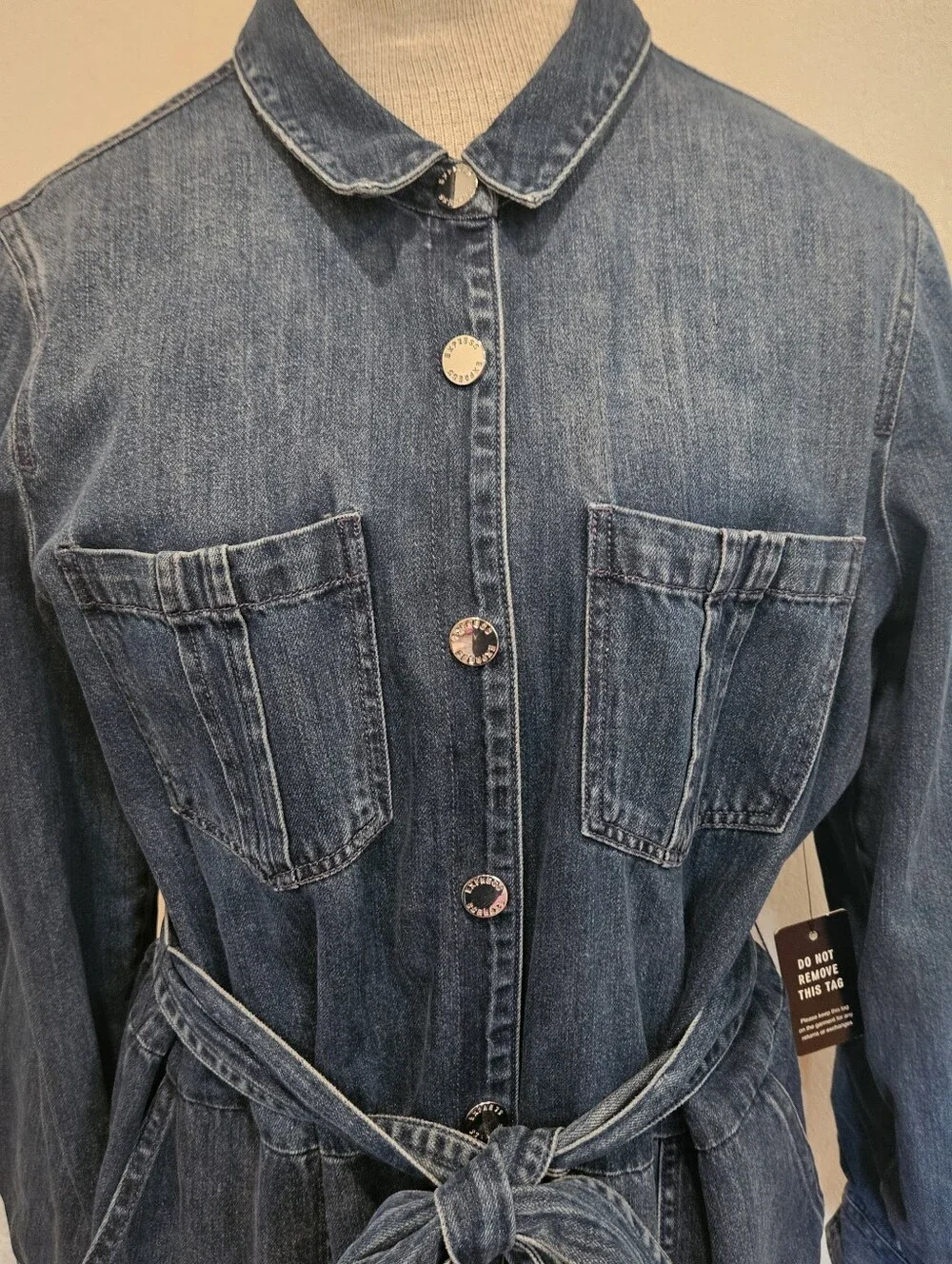 Express Denim Jean Romper Size Large – Button Front Belted Blue Jean Romper for - Picture 4 of 7